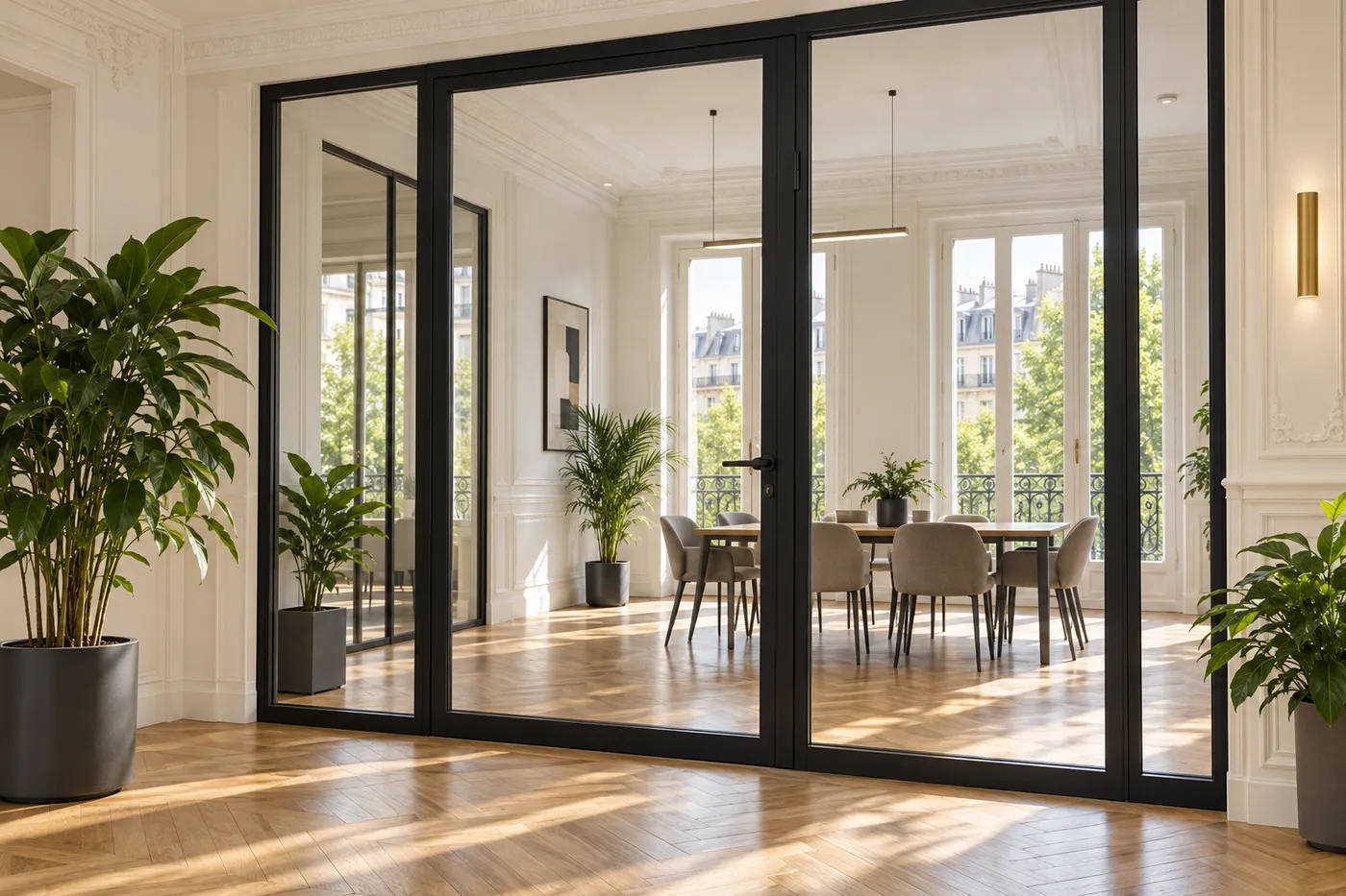 Porte vitrée à cadre noir et poignée à serrure dans des bureaux d'un immeuble haussmannien près des Grands Boulevards