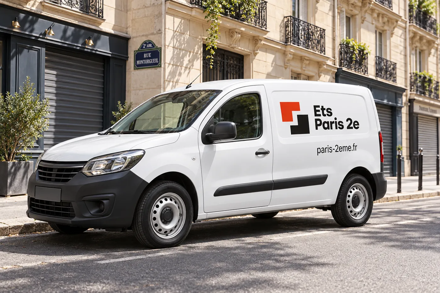 Utilitaire blanc d'Ets Paris 2e marqué paris-2eme.fr, garé rue Montorgueil devant des façades haussmanniennes