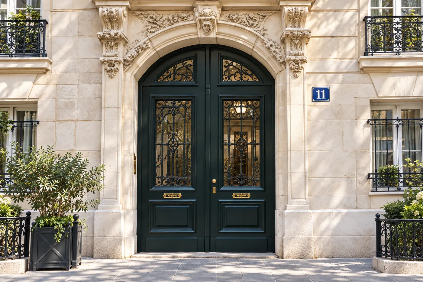 Porte cochère en bois vert sombre d'un immeuble haussmannien en pierre de taille, quartier Vivienne, Paris 2e