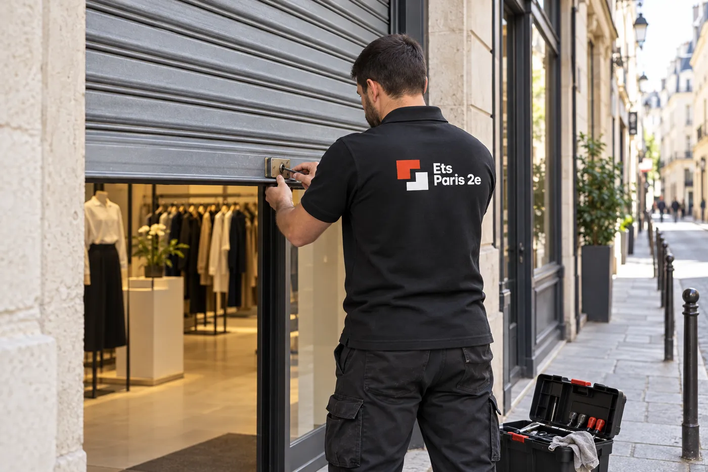 Serrurier d'Ets Paris 2e devant le rideau métallique à demi levé d'une boutique de prêt-à-porter du Sentier