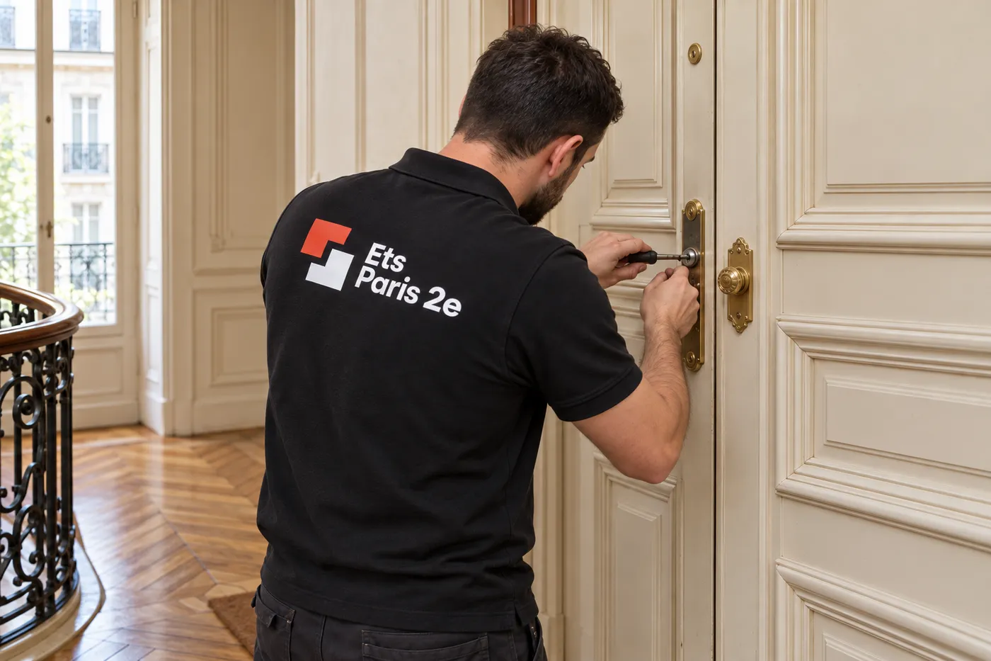 Serrurier d'Ets Paris 2e, polo noir au logo, intervenant sur la serrure d'une porte palière moulurée d'un immeuble haussmannien
